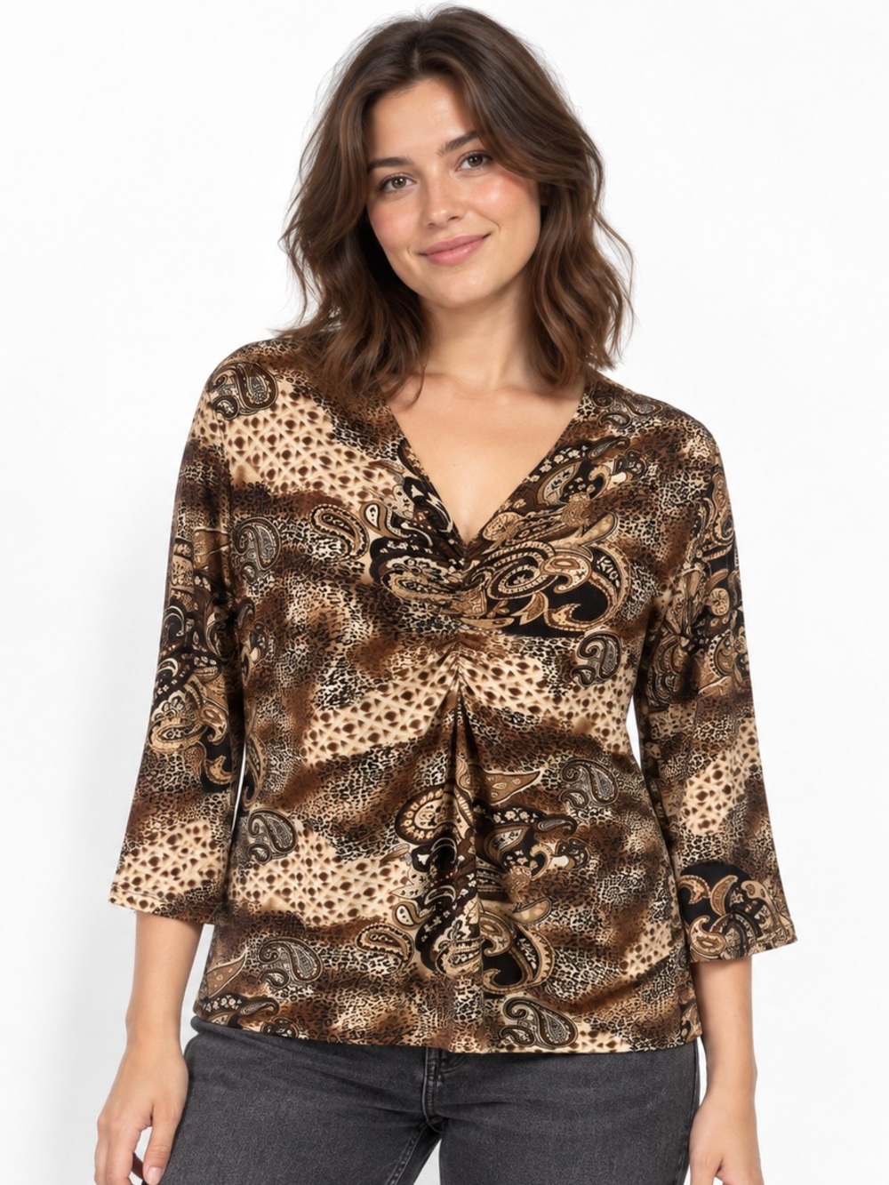 Vintage Brochure Paisley Animal Print Ruched V-Neck Top 3/4 Sleeve Large stretch